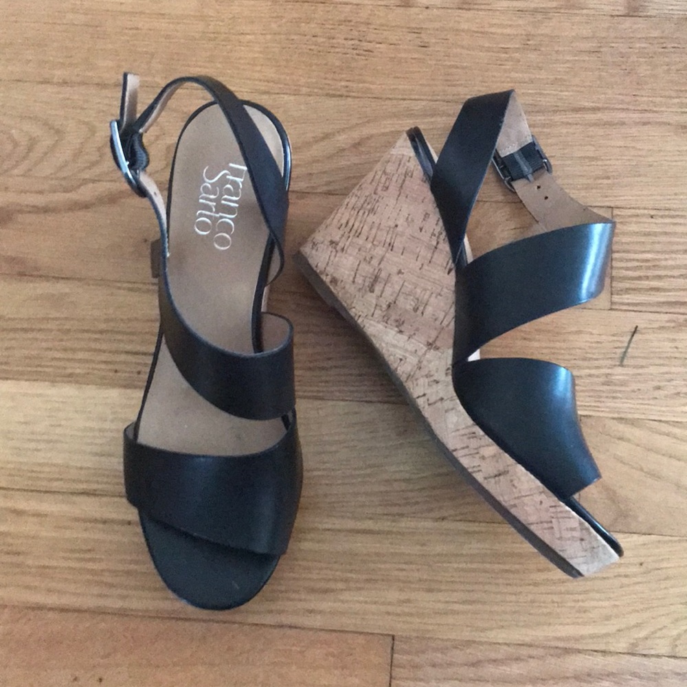 Black leather wedge sandals